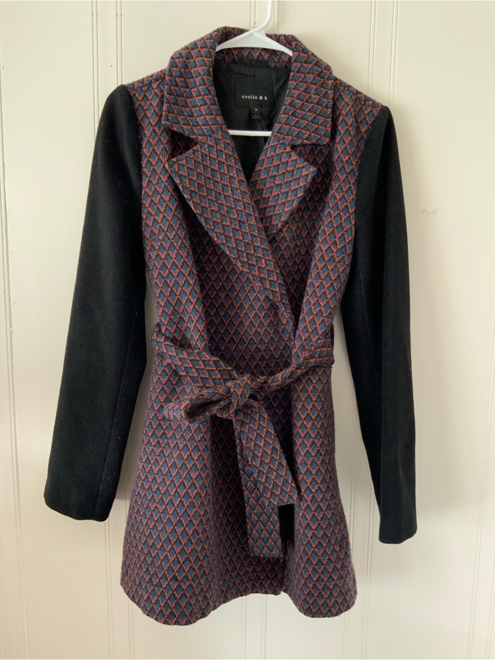 Navy & Rust Patterned Belted Trench with Black Sleeves
